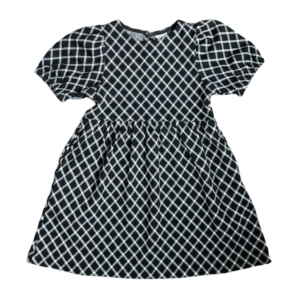 165. Kids Zara Black White Plaid Puff Sleeve w/ Pockets Dress